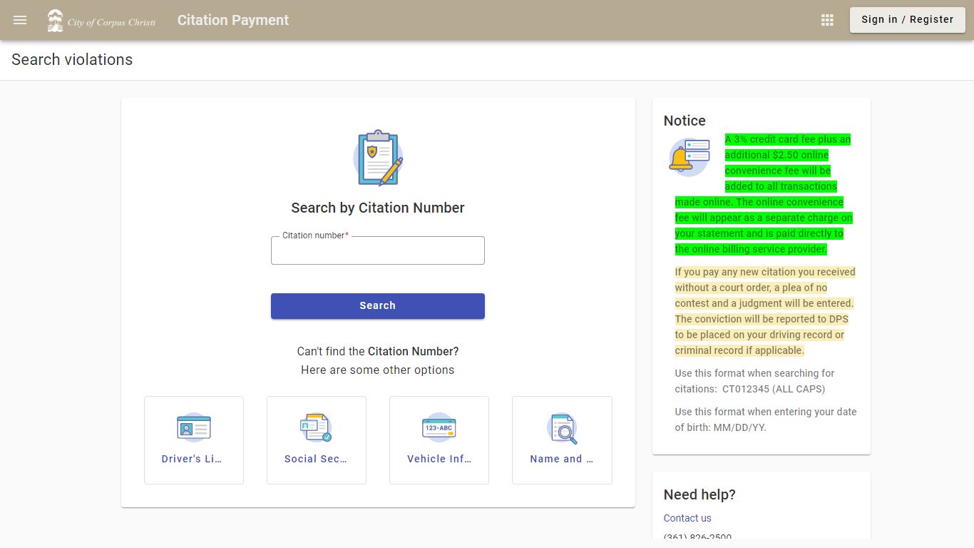 Search violations - Citation Payment - Municipal Online Services